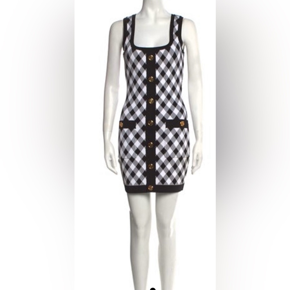 Balmain jacquard dress in black and white with square neckline.Gold buttons.